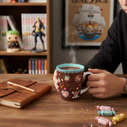 Fans Geek Store One Piece ceramic mug featuring chibi Straw Hat Pirates characters on a brown Whole Cake Island theme
