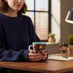 Fans Geek Store ceramic One Piece Whole Cake Island chibi mug held by a person at a desk with a Luffy figure.