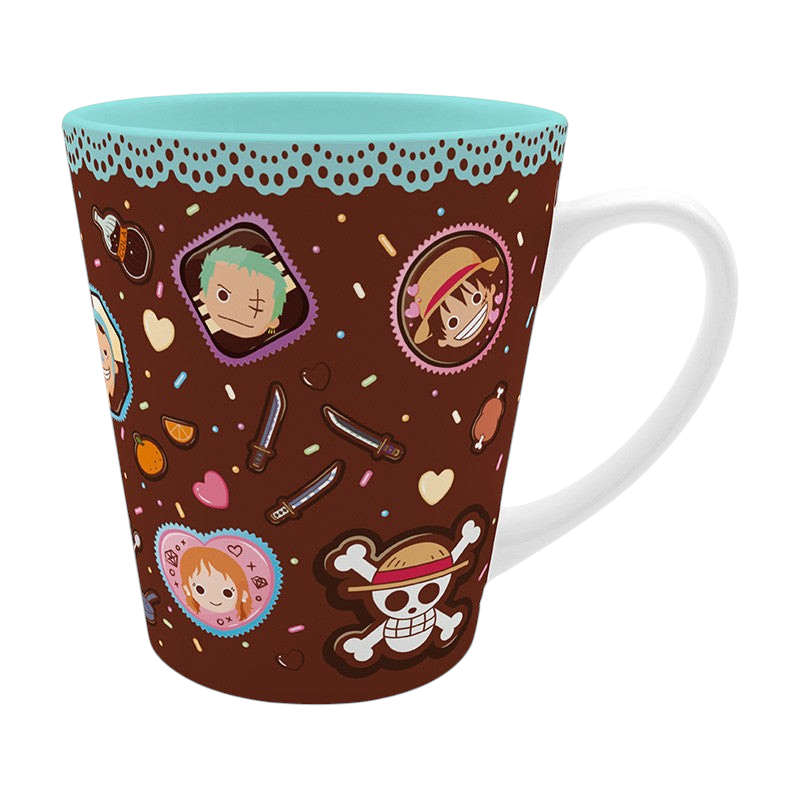 Fans Geek Store One Piece ceramic mug featuring colorful Straw Hat Pirates chibi characters on a brown background