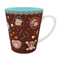 Fans Geek Store One Piece ceramic mug featuring colorful Straw Hat Pirates chibi characters on a brown background