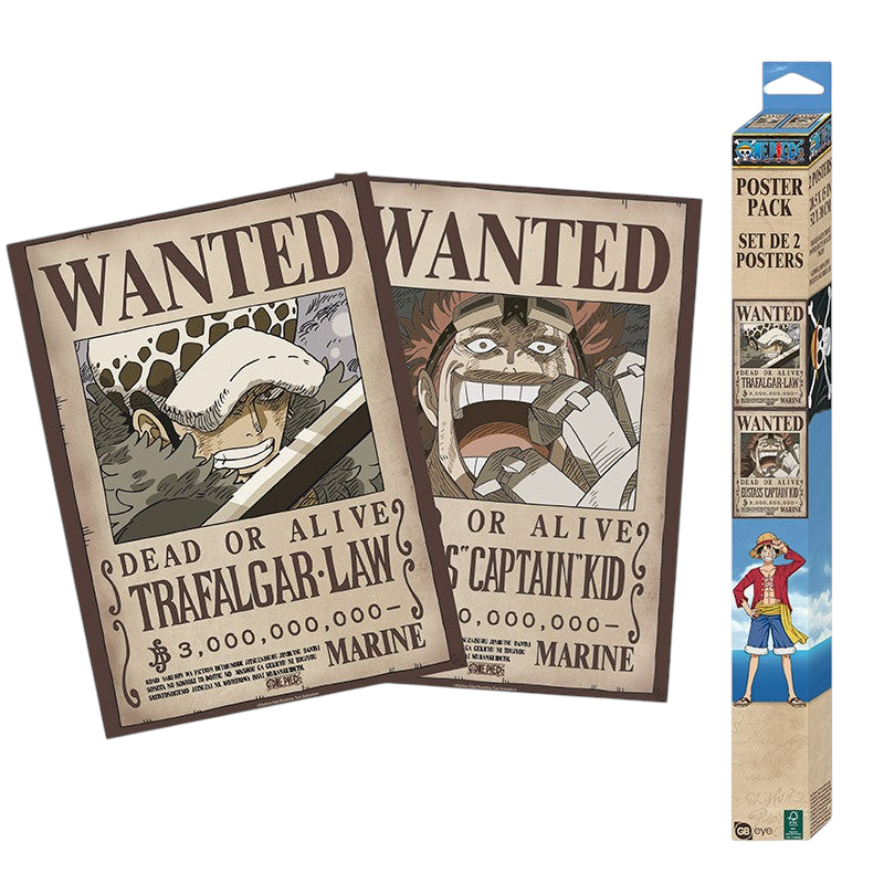 Fans Geek Store One Piece chibi wanted poster set featuring Trafalgar Law and Eustass Kid on laminated paper