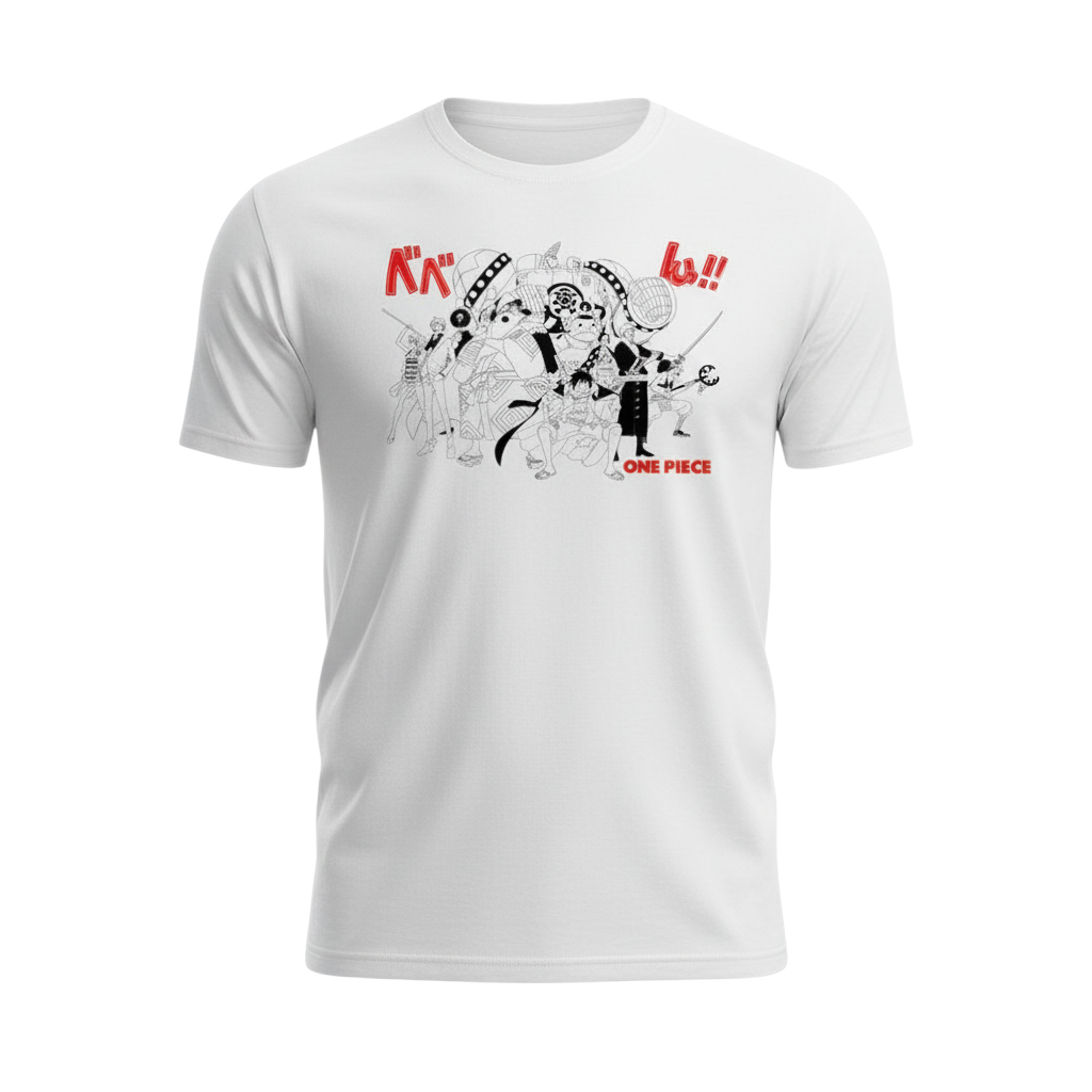 Fans Geek Store white cotton One Piece T-shirt featuring a black and white Straw Hat crew graphic print