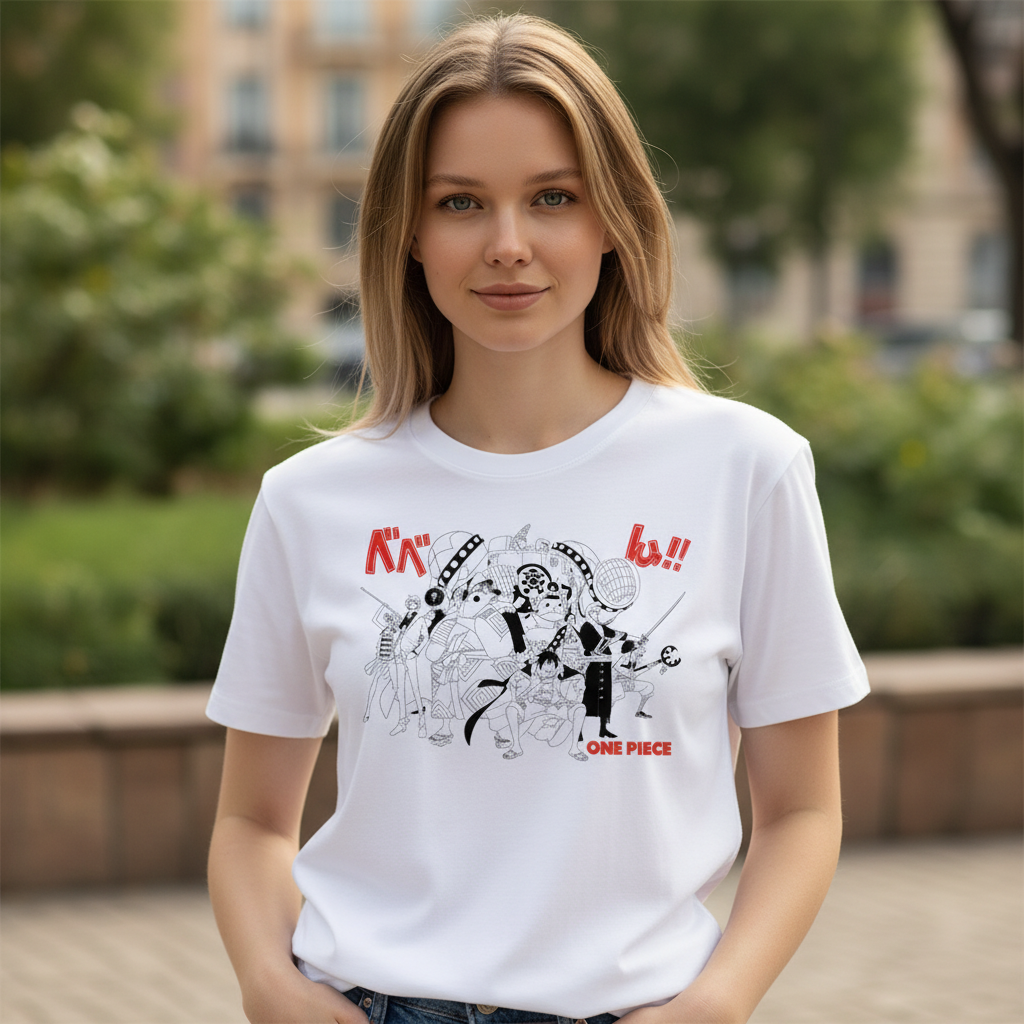 Fans Geek Store white cotton T-shirt featuring a black and white One Piece Straw Hat crew graphic print on a woman