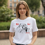 Fans Geek Store white cotton T-shirt featuring a black and white One Piece Straw Hat crew graphic print on a woman