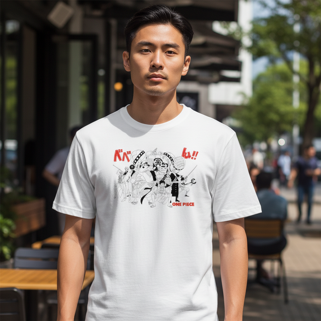 Fans Geek Store white cotton T-shirt featuring a black and red One Piece Straw Hat crew graphic on a man outdoors
