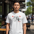 Fans Geek Store white cotton T-shirt featuring a black and red One Piece Straw Hat crew graphic on a man outdoors