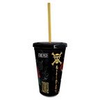 Fans Geek Store One Piece double-walled tumbler featuring Luffy and Zoro with a gold reusable straw and screw lid.