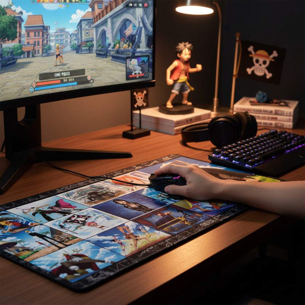 Fans Geek Store One Piece Straw Hat Crew XXL gaming mouse pad with anime character collage on a desk setup