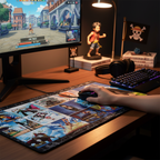 Fans Geek Store One Piece Straw Hat Crew XXL gaming mouse pad with anime character collage on a desk setup