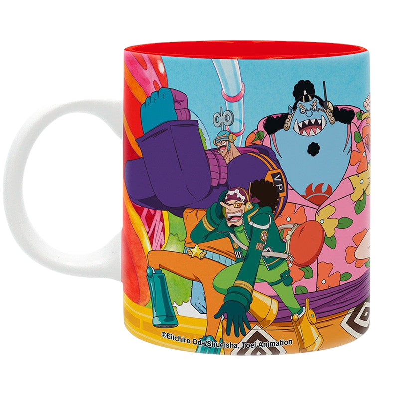 Fans Geek Store One Piece Egghead ceramic mug featuring Luffy and characters with a vibrant red interior