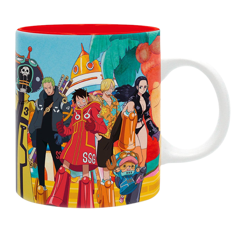 Fans Geek Store One Piece Egghead ceramic mug featuring Luffy and crew in a colorful futuristic design