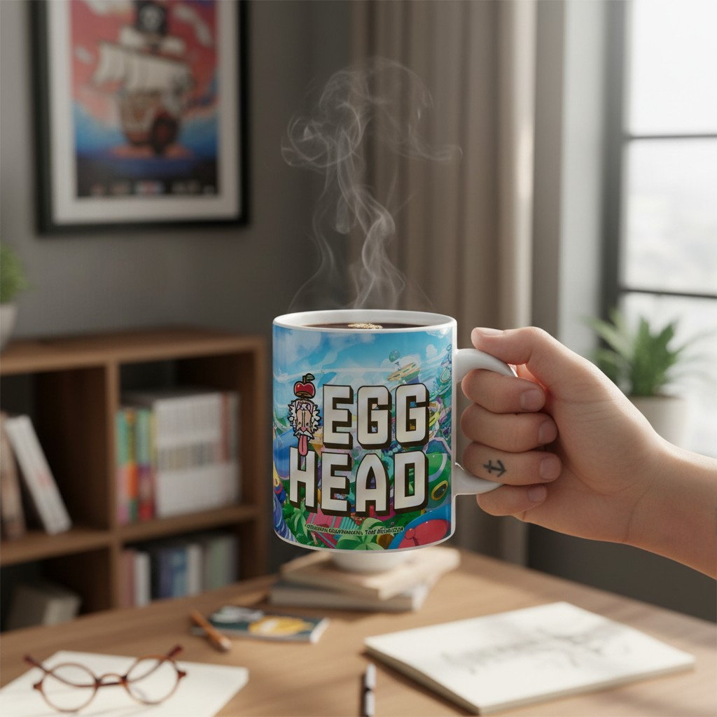 Fans Geek Store ceramic One Piece Egghead Island mug featuring Luffy and Dr. Vegapunk held in a hand with steam