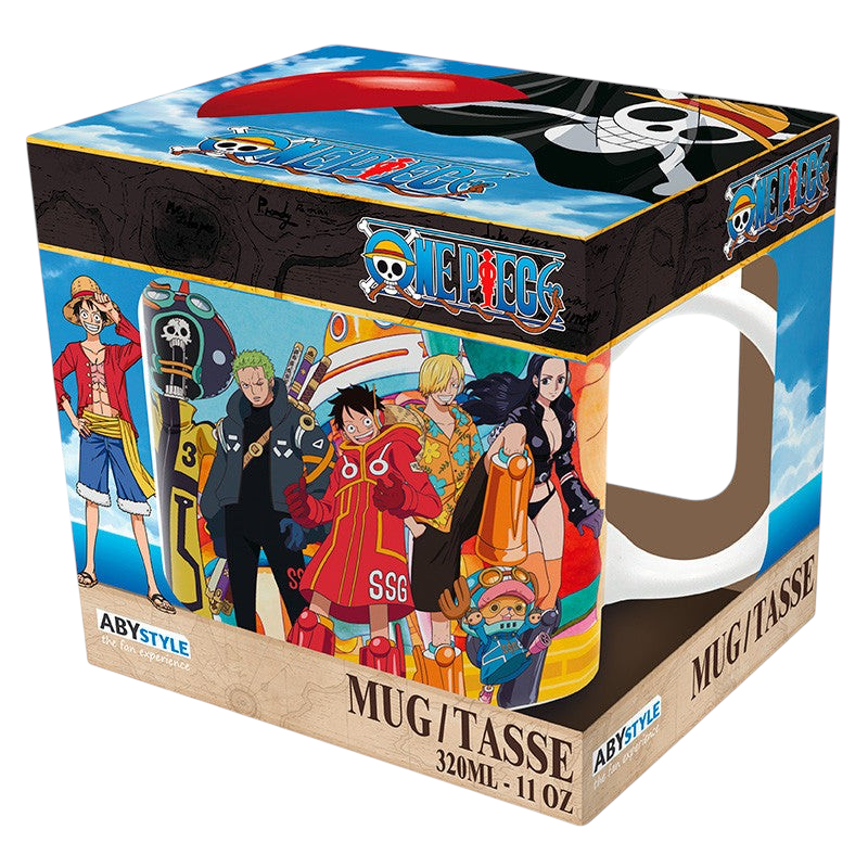 Fans Geek Store One Piece Egghead ceramic mug featuring Luffy and crew in a colorful display box