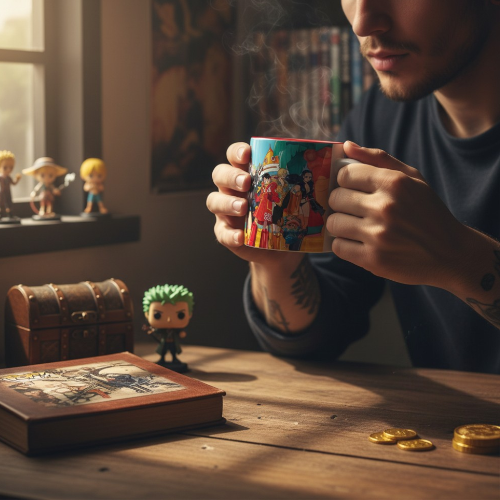Fans Geek Store ceramic One Piece Egghead mug held by a person at a desk with anime figures and a treasure chest