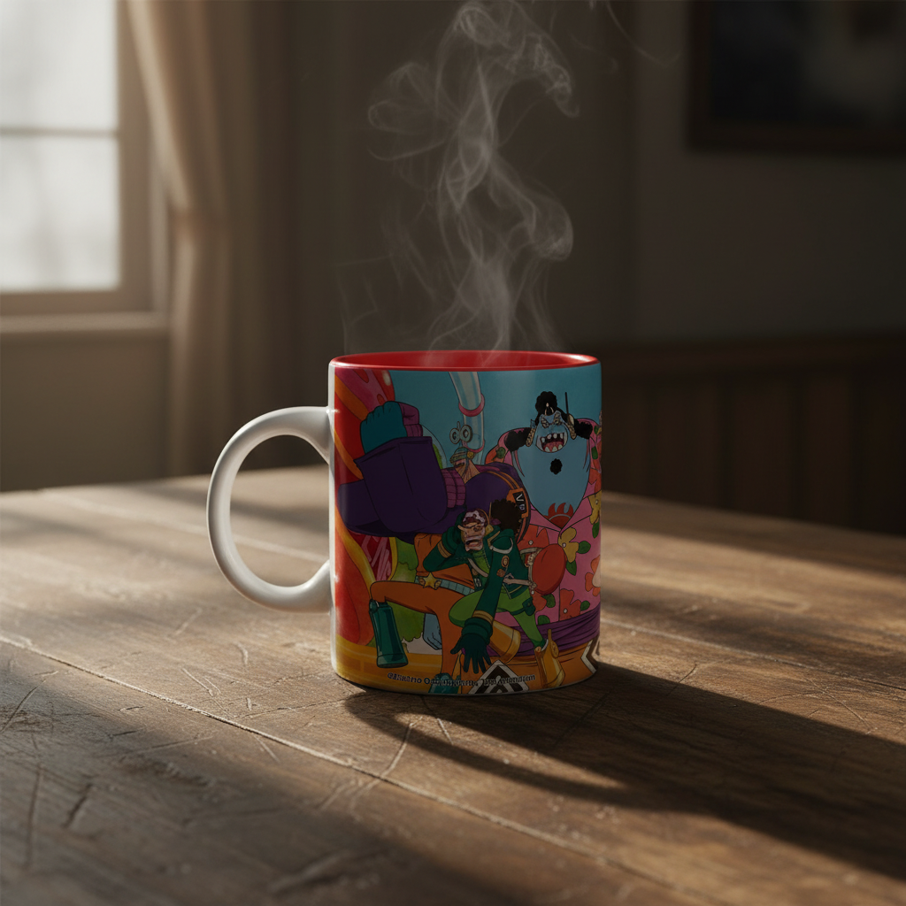 Fans Geek Store One Piece Egghead ceramic mug with colorful character print and steaming hot coffee on a wooden table