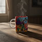 Fans Geek Store One Piece Egghead ceramic mug with colorful character print and steaming hot coffee on a wooden table