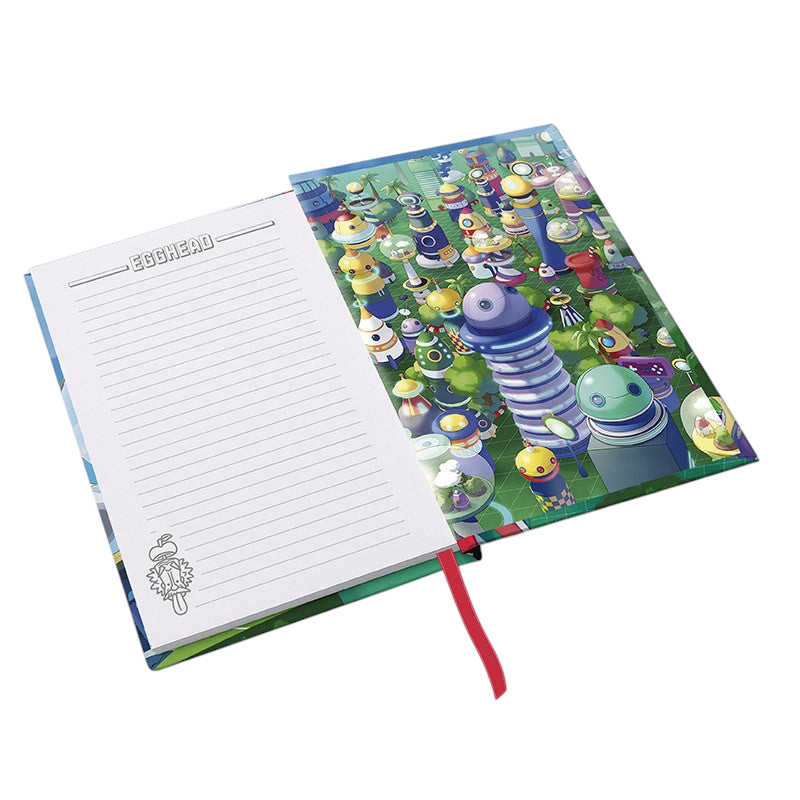 Fans Geek Store One Piece Egghead A5 notebook featuring a colorful futuristic island design and lined interior pages