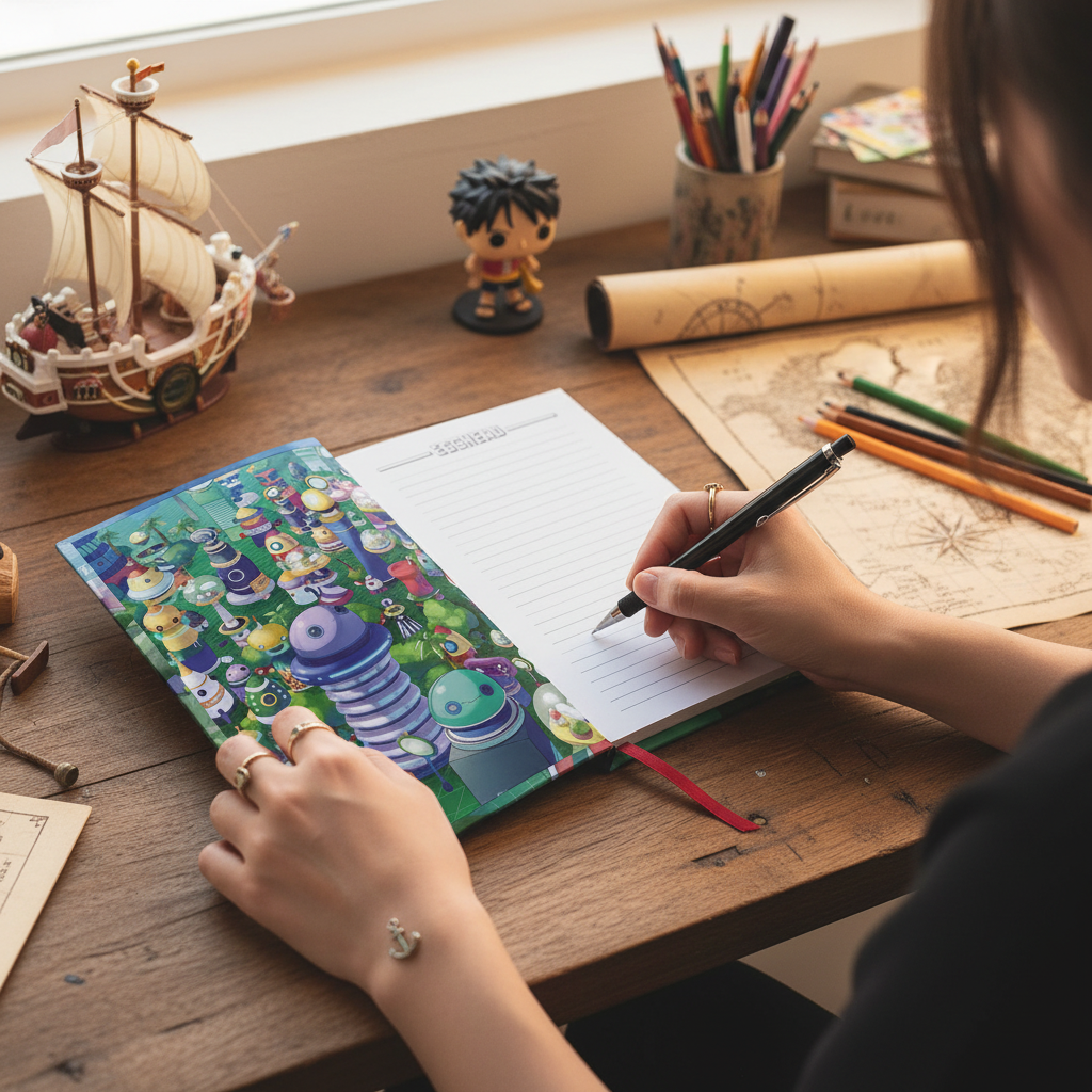 Fans Geek Store One Piece Egghead A5 notebook with colorful character illustrations on an open page