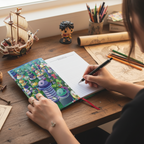 Fans Geek Store One Piece Egghead A5 notebook with colorful character illustrations on an open page