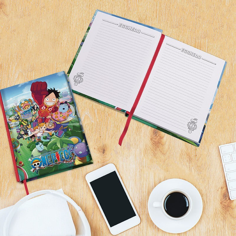Fans Geek Store One Piece Egghead A5 notebook with hard cover and illustrated interior pages with red ribbon marker