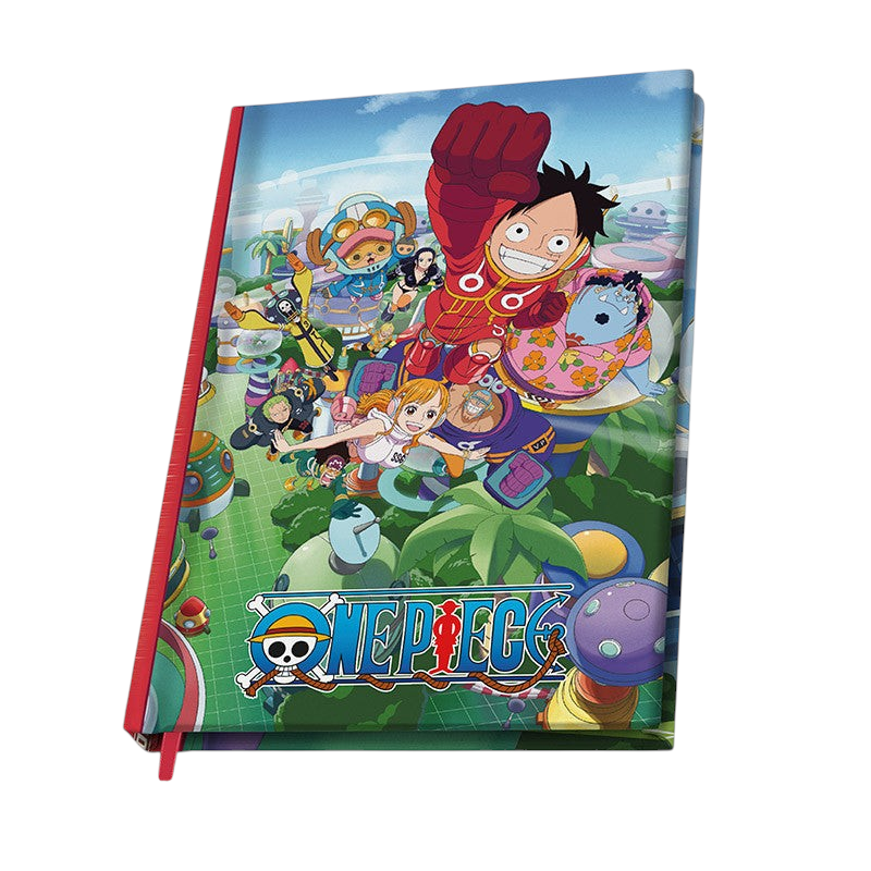 Fans Geek Store One Piece Egghead Island A5 hardcover notebook featuring Luffy and crew with glossy details.
