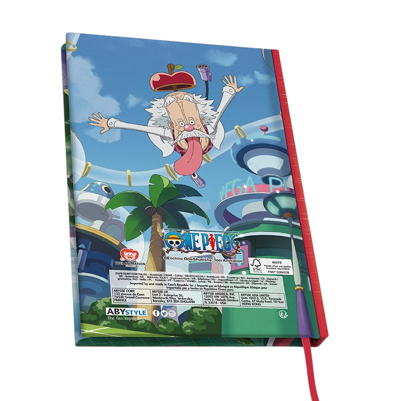 Fans Geek Store One Piece Egghead Island A5 notebook featuring Dr. Vegapunk on the back cover with a red ribbon marker