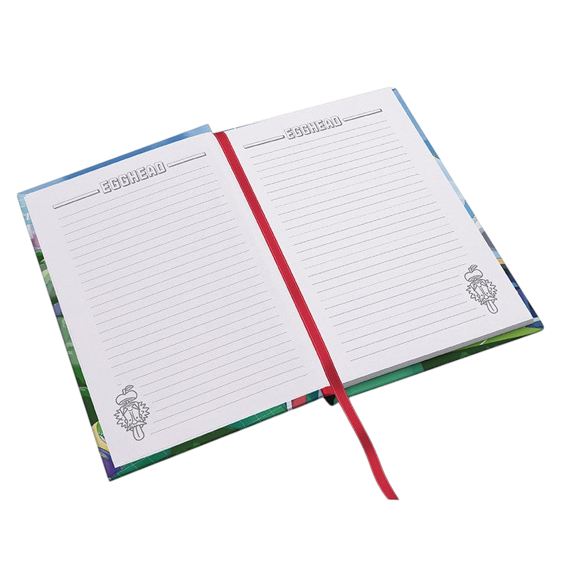 Fans Geek Store One Piece Egghead A5 notebook open showing lined pages with Egghead Island branding and red ribbon