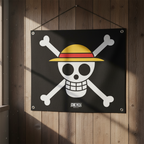 Fans Geek Store One Piece Straw Hat Pirates polyester flag with skull and crossbones design on a wooden wall
