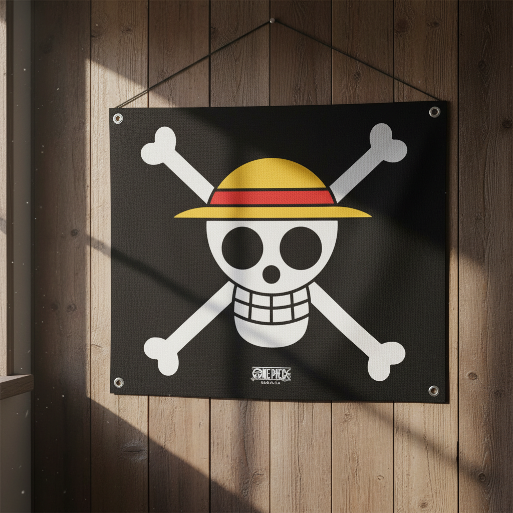 Fans Geek Store One Piece Straw Hat Pirates polyester flag with skull and crossbones design on a wooden wall