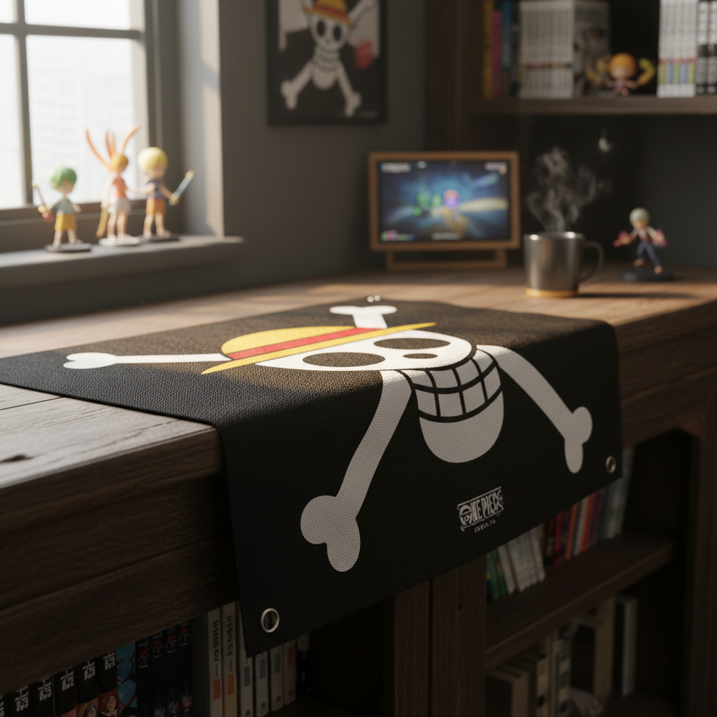 Fans Geek Store One Piece Straw Hat Pirates polyester flag with skull and crossbones design on a wooden desk