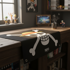 Fans Geek Store One Piece Straw Hat Pirates polyester flag with skull and crossbones design on a wooden desk