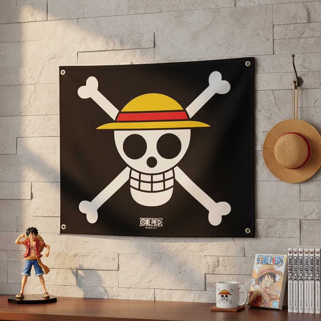 Fans Geek Store One Piece Straw Hat Pirates polyester flag featuring the iconic skull and crossbones logo