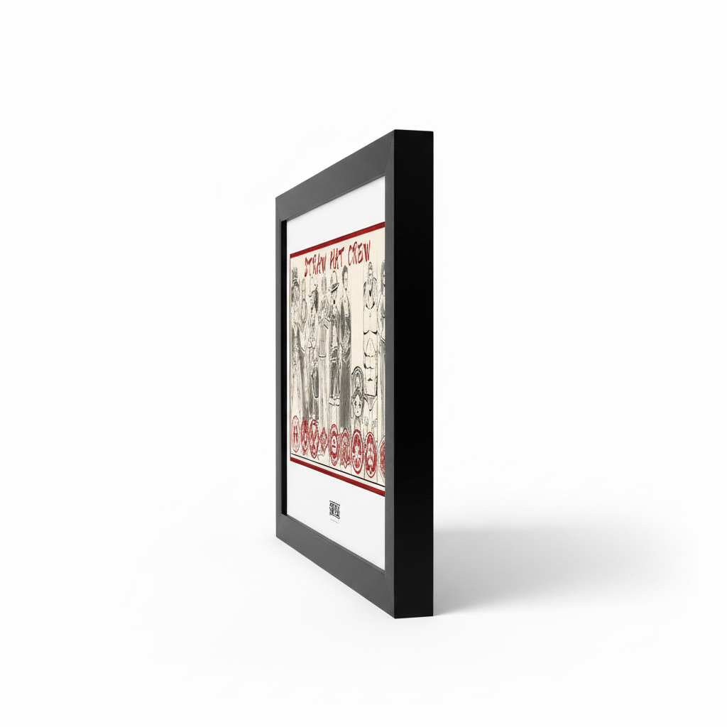 Fans Geek Store One Piece Straw Hat Crew framed poster in a black plastic frame, side view on a white background.