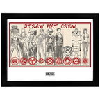 Fans Geek Store framed One Piece poster featuring the Straw Hat Crew in a black plastic frame with red accents