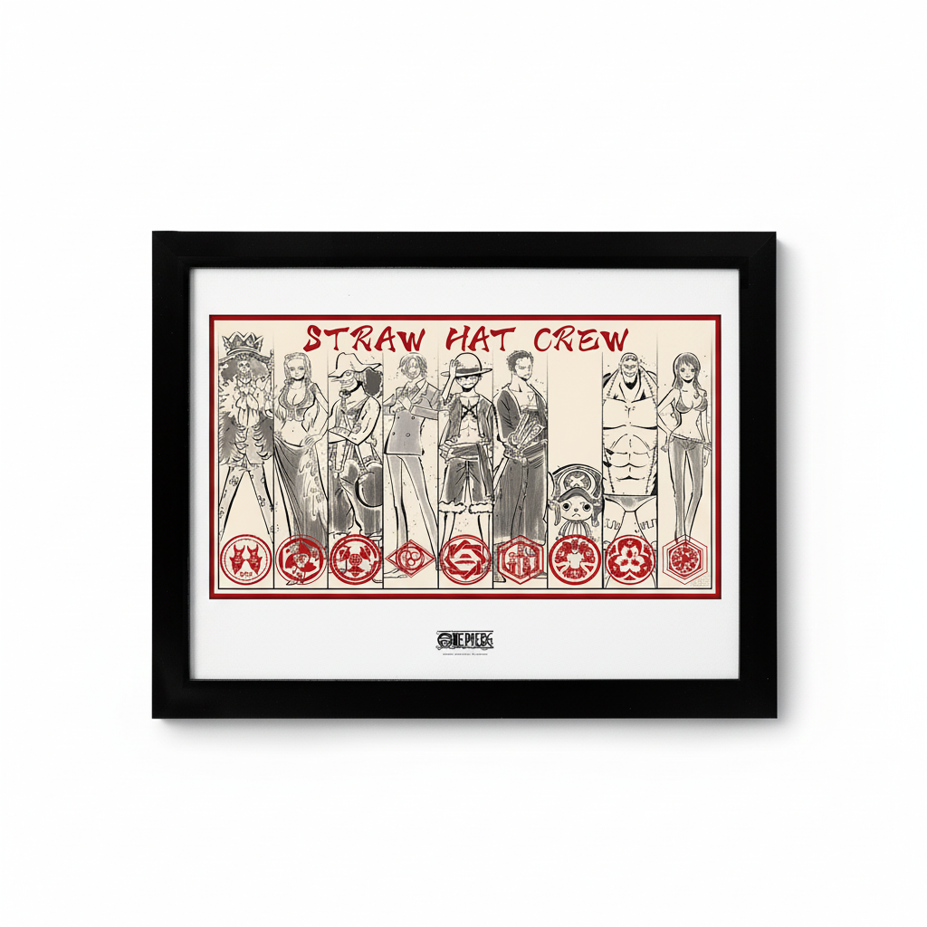 Fans Geek Store framed One Piece Straw Hat Crew poster featuring a sketch-style group illustration in a black frame.