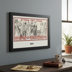 Fans Geek Store framed One Piece Straw Hat Crew poster featuring character sketches on a grey wall above a desk.