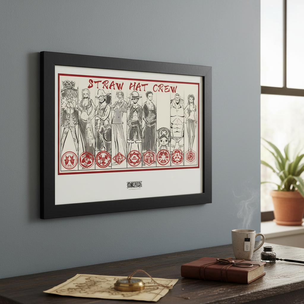 Fans Geek Store framed One Piece Straw Hat Crew poster featuring character sketches on a grey wall above a desk.