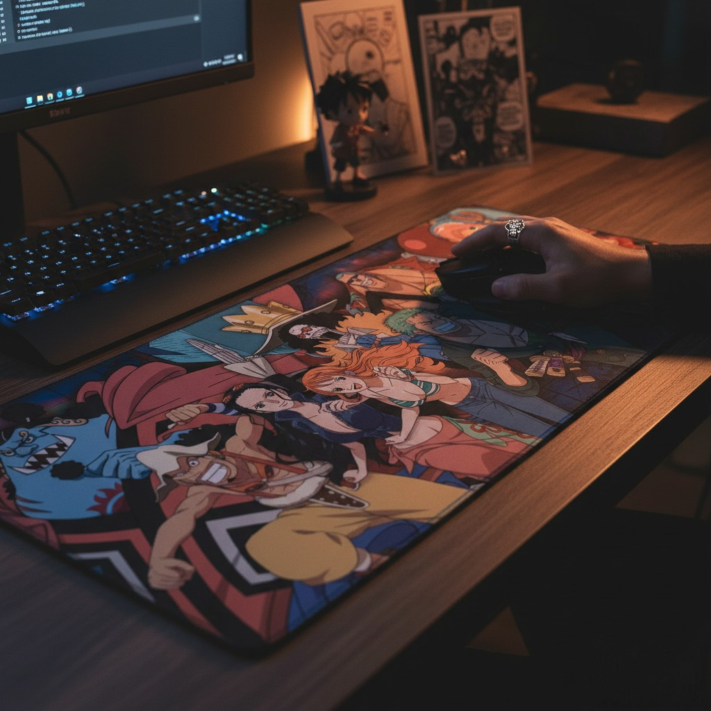 Fans Geek Store XXL One Piece Straw Hat Crew gaming mouse pad on a desk with keyboard and mouse