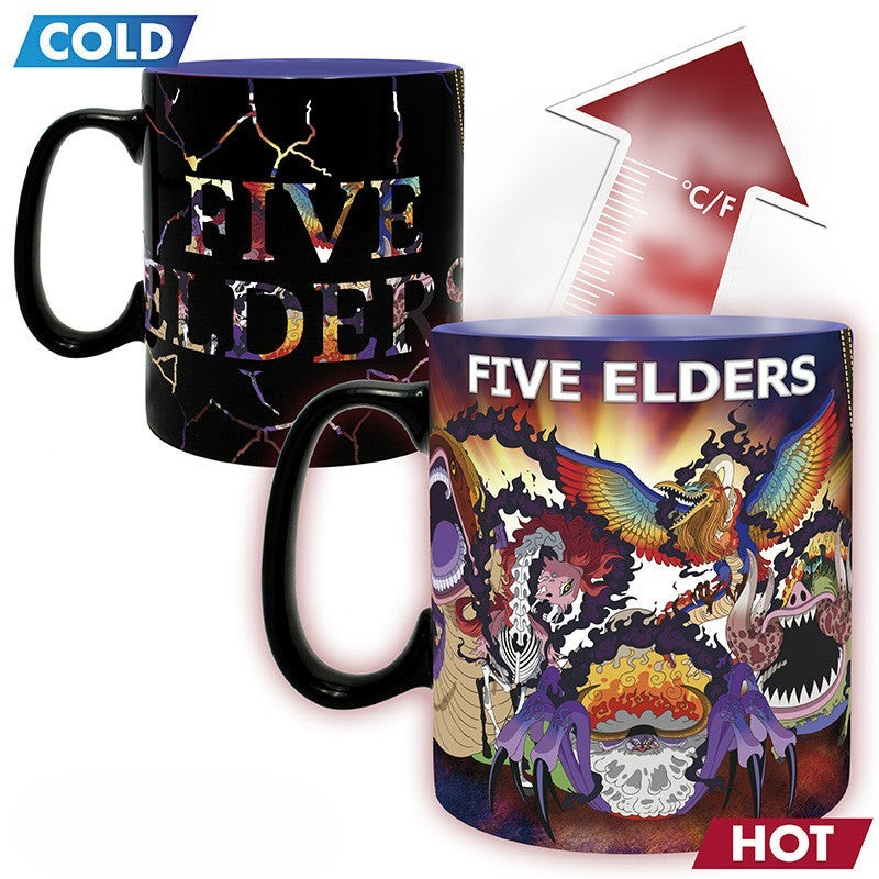Fans Geek Store One Piece Gear 5 heat-changing ceramic mug showing Luffy and the Five Elders when filled with hot liquid