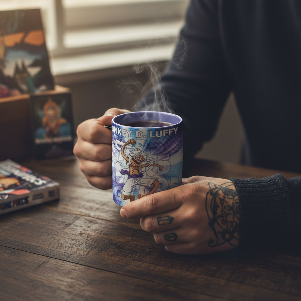Fans Geek Store One Piece Gear 5 heat-changing ceramic mug held by a person with tattoos at a wooden desk