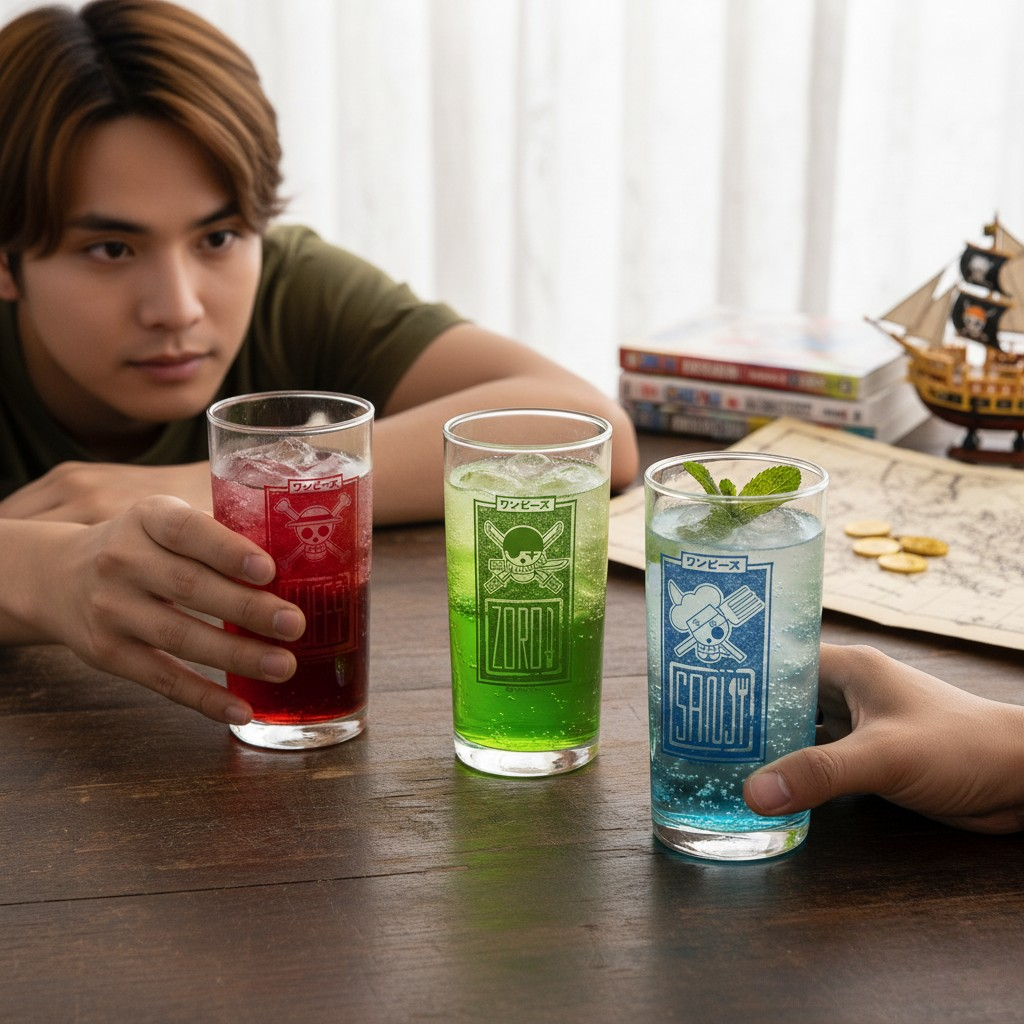 Fans Geek Store One Piece glass set featuring Luffy, Zoro, and Sanji Jolly Roger designs with colorful drinks