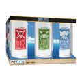 Fans Geek Store One Piece glass set featuring Luffy, Zoro, and Sanji Jolly Roger logos in red, green, and blue.