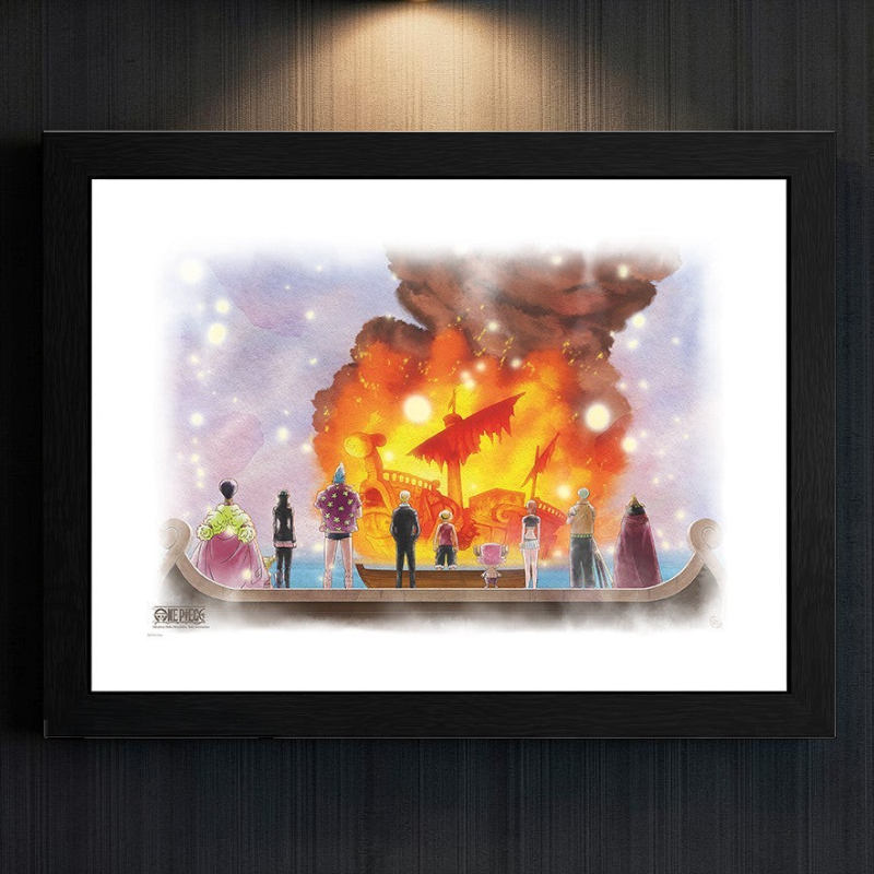 Fans Geek Store framed One Piece poster featuring the Straw Hat Pirates watching the burning Going Merry ship
