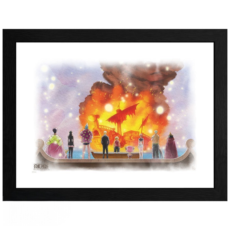 Fans Geek Store framed One Piece poster featuring the Straw Hat Pirates watching the burning Going Merry ship