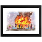 Fans Geek Store framed One Piece poster featuring the Straw Hat Pirates watching the burning Going Merry ship