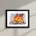 Fans Geek Store framed One Piece poster featuring the Straw Hat Pirates watching the burning Going Merry ship