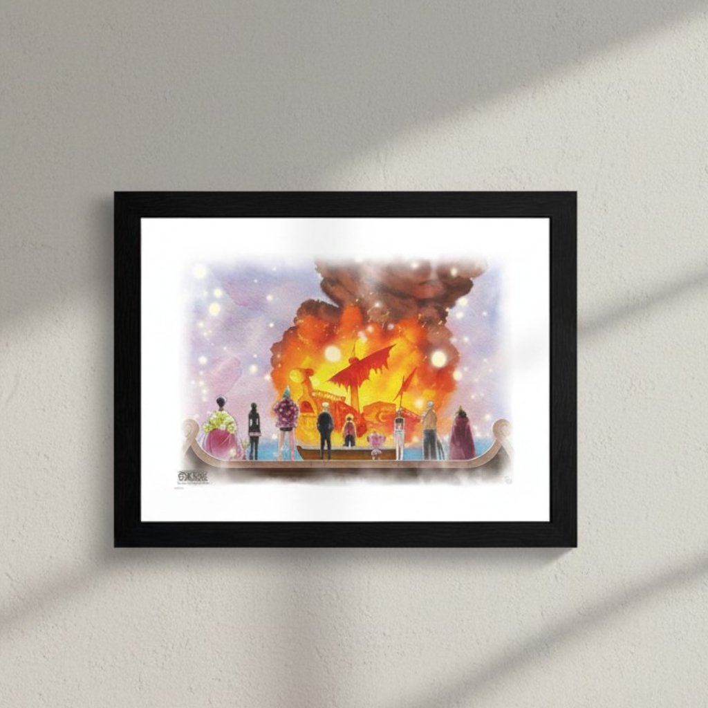 Fans Geek Store framed One Piece poster featuring the Straw Hat Pirates watching the burning Going Merry ship