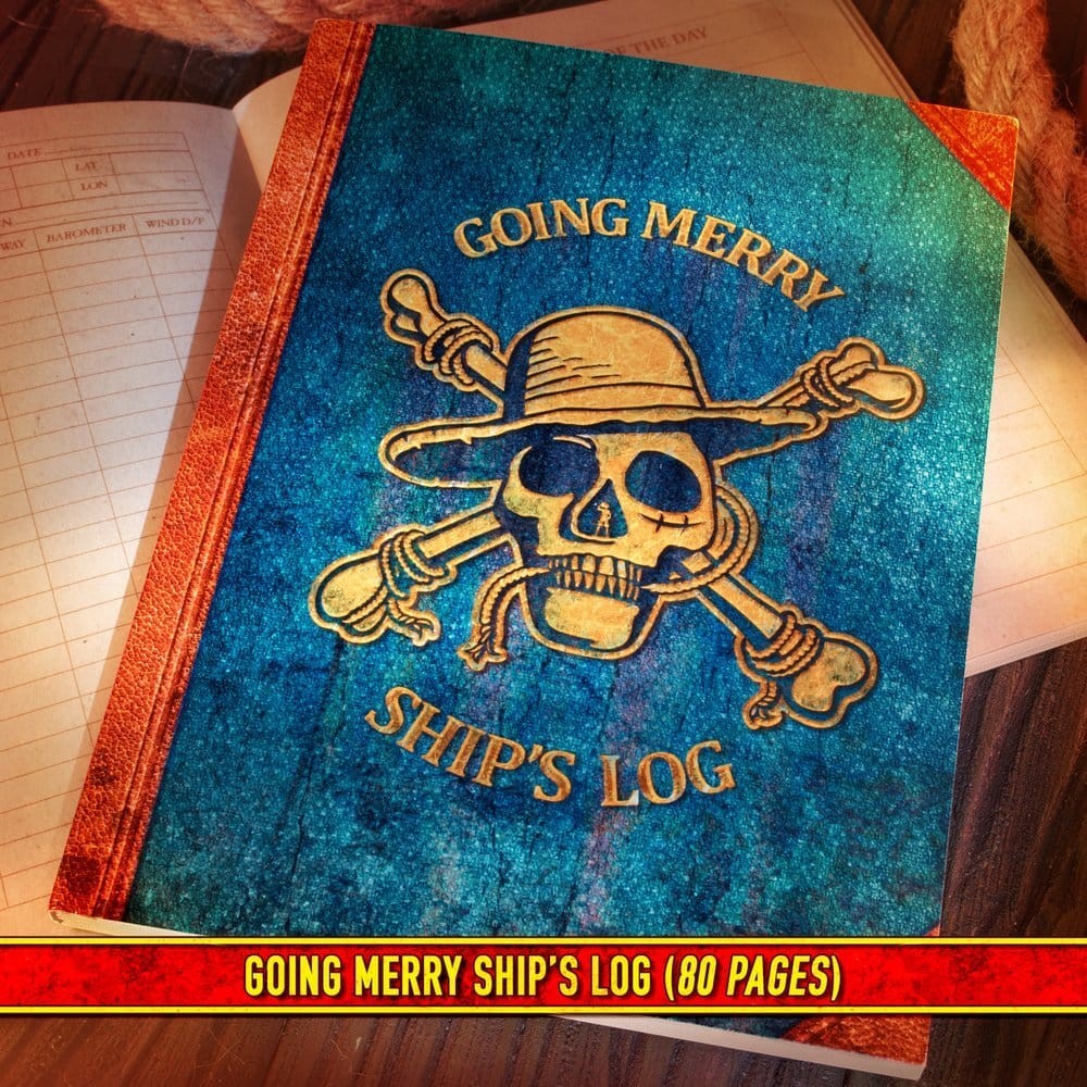 Fans Geek Store One Piece Going Merry Ship's Log notebook with a blue textured cover and gold skull emblem.