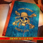 Fans Geek Store One Piece Going Merry Ship's Log notebook with a blue textured cover and gold skull emblem.