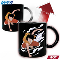 Fans Geek Store One Piece heat-changing glass mug featuring Luffy in a dynamic pose that reveals art when hot